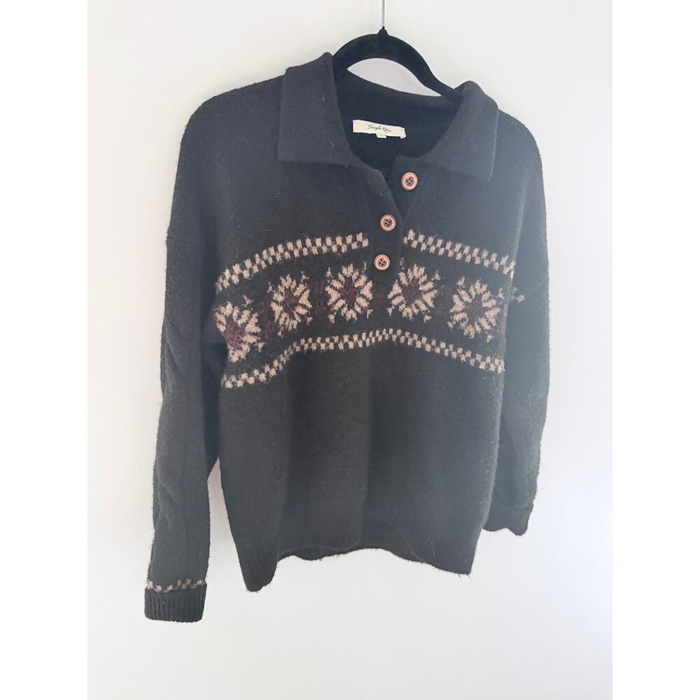 Simple Retro Norah Snowflake Jacquard Black Polo Fair Isle Knit Sweater-Size L - Picture 3 of 7